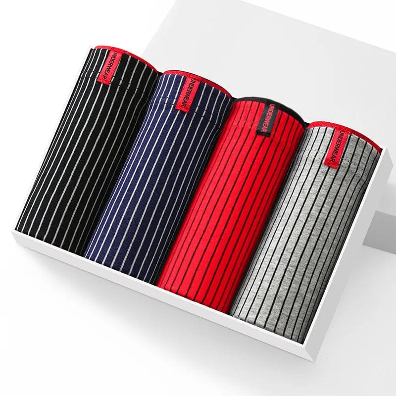 Black-Navy-Red-Grey (red elastic peek-a-boo waistband except repair has black) / L - US size 26-29" 4-pack White Stripe Cotton Boxer Underwear INVI-Expressionwear