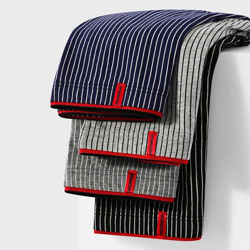Blue-Light Grey-Dark Grey-Black (red elastic peek-a-boo waistband) / L - US size 26-29" 4-pack White Stripe Cotton Boxer Underwear INVI-Expressionwear