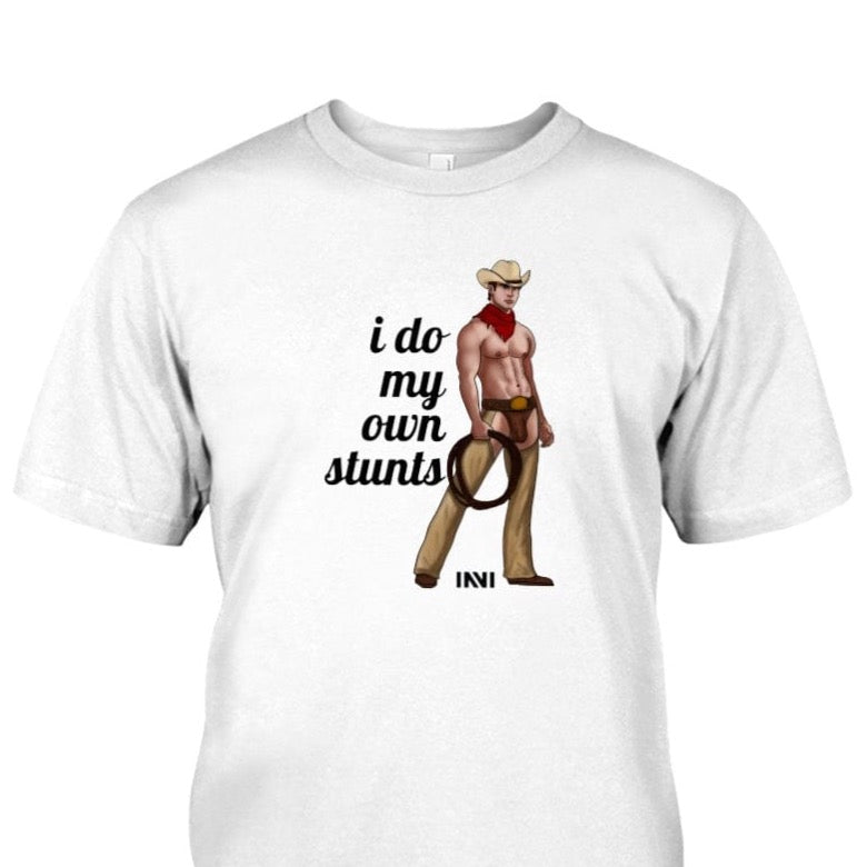 Apparel I Do My Own Stunts - Black Print / White / XS Cowboy T-shirt INVI-Expressionwear