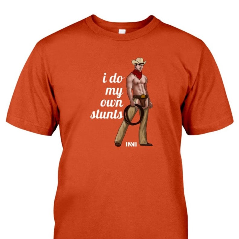 Apparel I Do My Own Stunts - White Print / Cherry Red / XS Cowboy T-shirt INVI-Expressionwear
