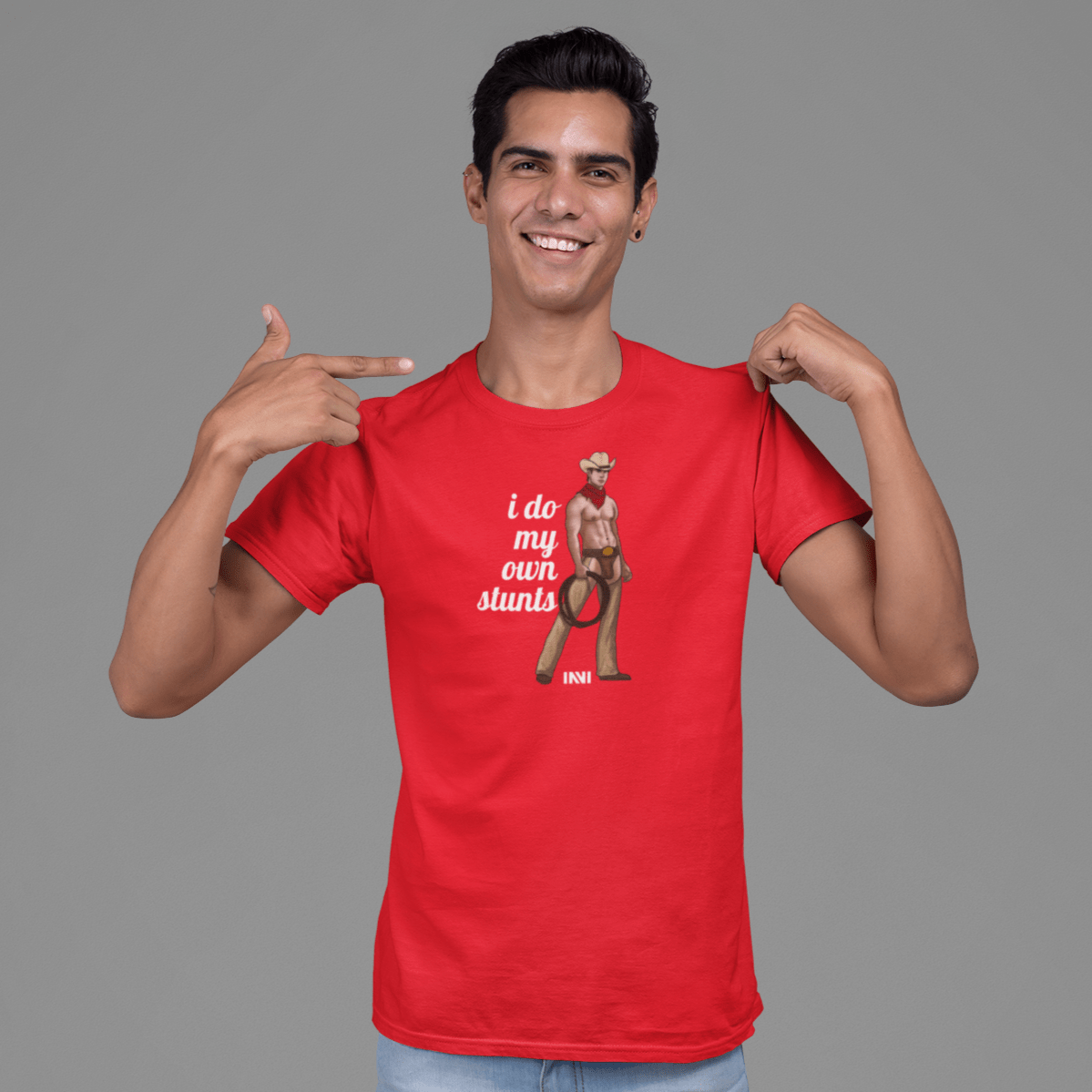 Apparel I Do My Own Stunts - White Print / Cherry Red / XS Cowboy T-shirt INVI-Expressionwear