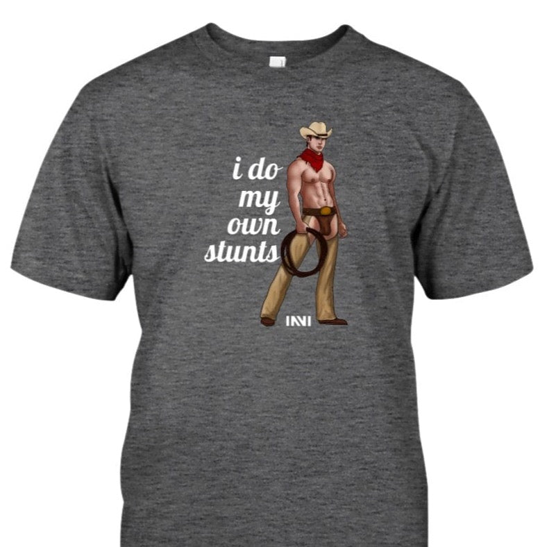 Apparel I Do My Own Stunts - White Print / Dark Heather / XS Cowboy T-shirt INVI-Expressionwear