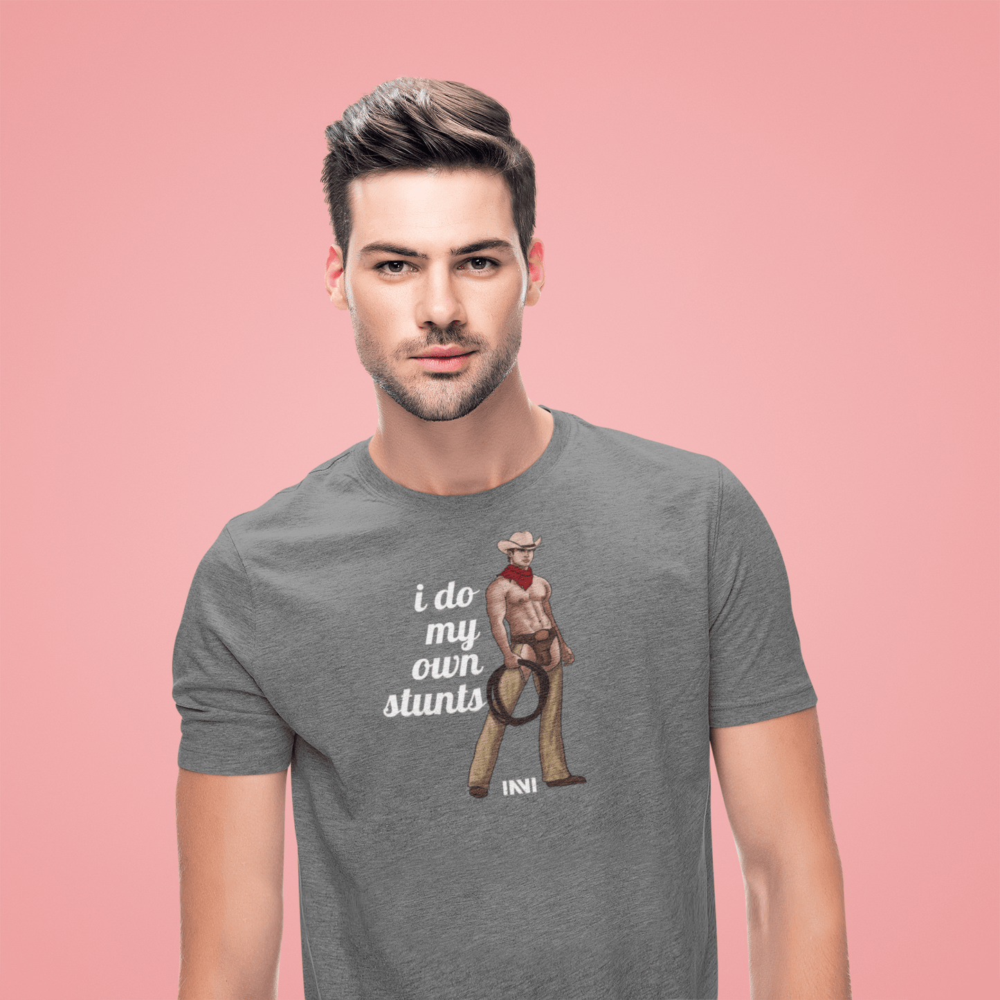 Apparel I Do My Own Stunts - White Print / Dark Heather / XS Cowboy T-shirt INVI-Expressionwear