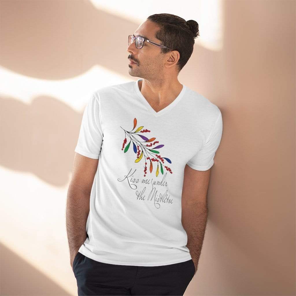 T-Shirt S / White Kiss Me Under the Mistletoe Pride V-Neck Tee INVI-Expressionwear
