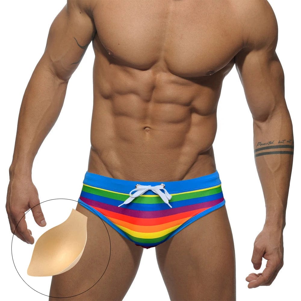 
                  
                    blue with pad / M - US Size (28-30") Rainbow Striped Swim Brief Swimsuit INVI-Expressionwear
                  
                