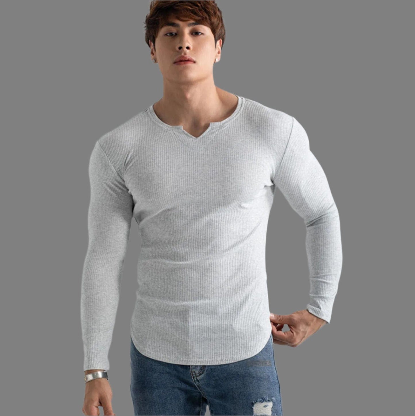 Gray / XXL (42-44") Ribbed Long Sleeve Clipped Crew Neck Shirt INVI-Expressionwear Ribbed Long Sleeve Clipped Crew Neck Shirt